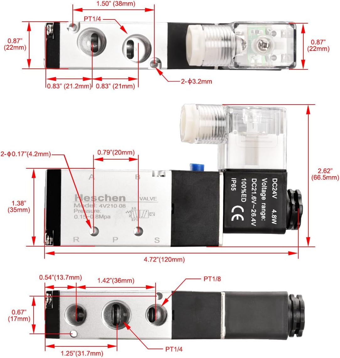 Válvula Solenoide Neumática 4V210-08 - 5/2 Vías, 12V DC, Puerto PT1/4 - Con Base Colectora Y Accesorios Rápidos