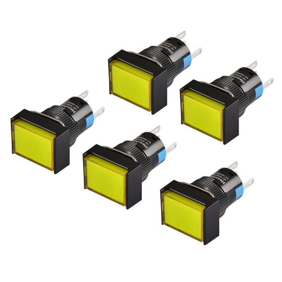Heschen 16mm Rectangle Momentary Push Button Switch 1NO 1NC 5Pin 12V/24V/110V/220V Yellow LED Lamp 5 Pack