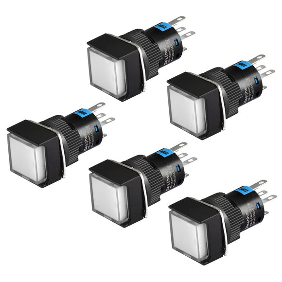 Heschen 16mm Square Momentary Push Button Switch 1NO 1NC 12V/24V/110V220V White LED Lamp 5 Pack