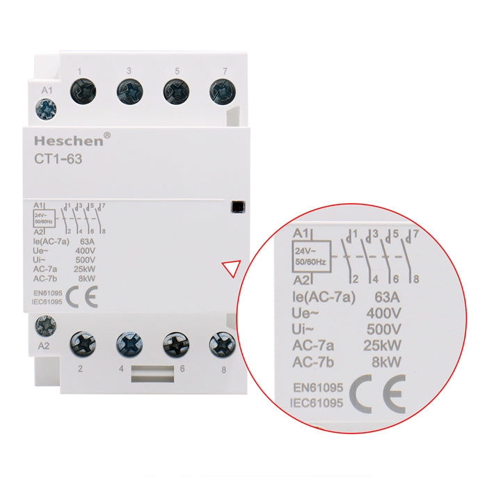 Contacteur CA Domestique Heschen CT1-63 63A 2 Pôles NO - Bobine 24V AC - Montage Rail DIN