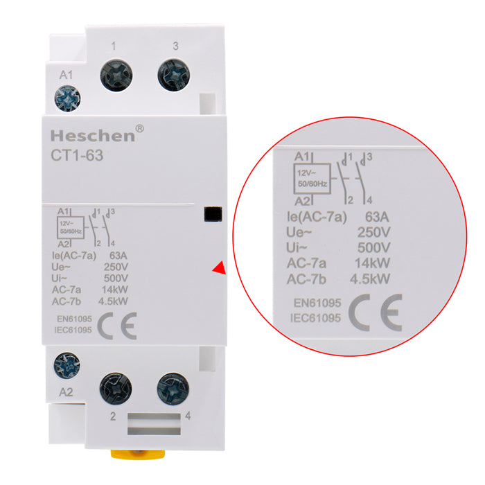 Contacteur Domestique 2 Pôles 63A - Tension Bobine 12V AC - Montage Rail DIN 35 Mm - Pour Circuits électriques