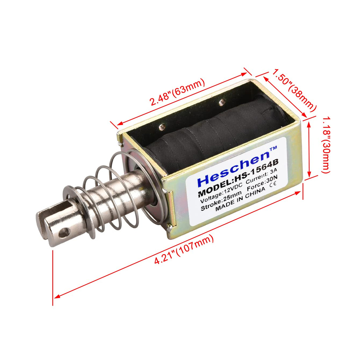 Heschen Solenoid elektromagneet, HS-1564B, DC12V 3A, 25mm slag, kracht Heschen Solenoid elektromagneet, HS-1564B, DC12V 3A, 25mm slag, kracht