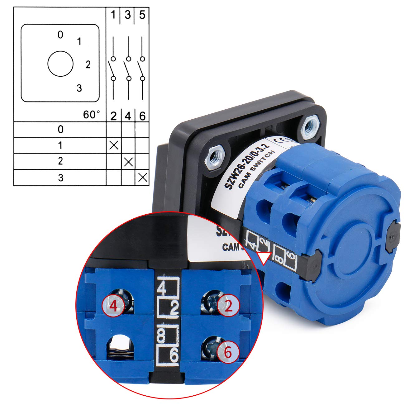 interrupteur à came 20A 4 positions 2 phases