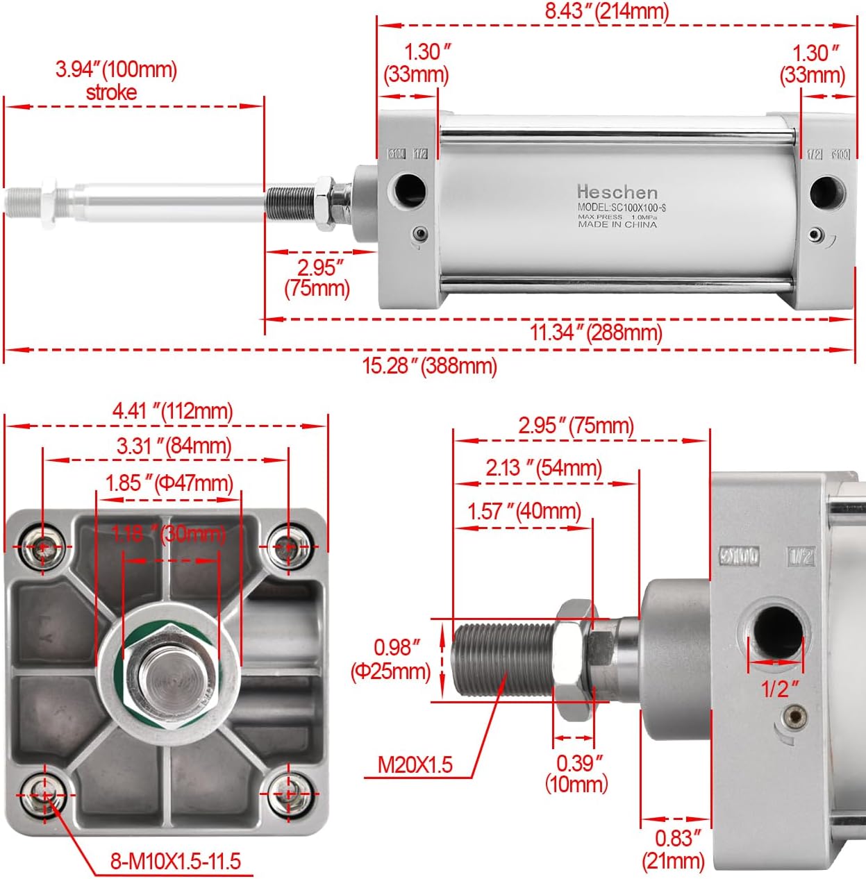Heschen SC 100-100-S Pneumatic Standard Air Cylinder, 100mm Bore 100mm Stroke, Double Acting, PT1/2" Port, Includes CS1-F Magnetic Sensor Switch & PM10 Mounting Bracket
