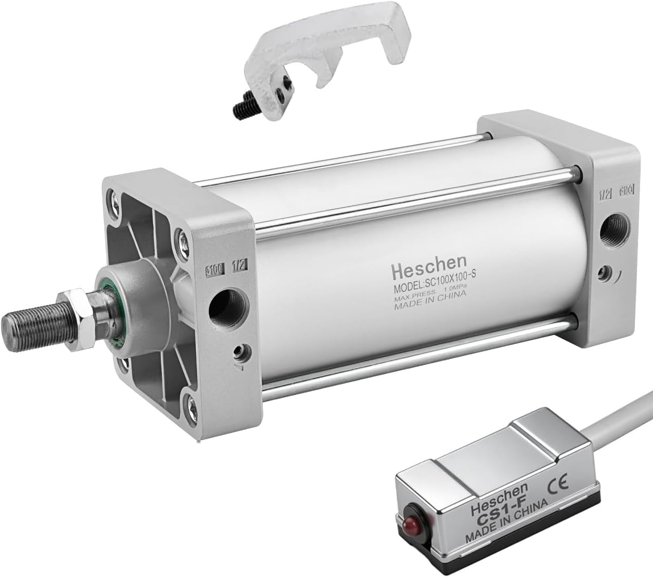 Heschen SC 100-100-S Pneumatic Standard Air Cylinder, 100mm Bore 100mm Stroke, Double Acting, PT1/2" Port, Includes CS1-F Magnetic Sensor Switch & PM10 Mounting Bracket