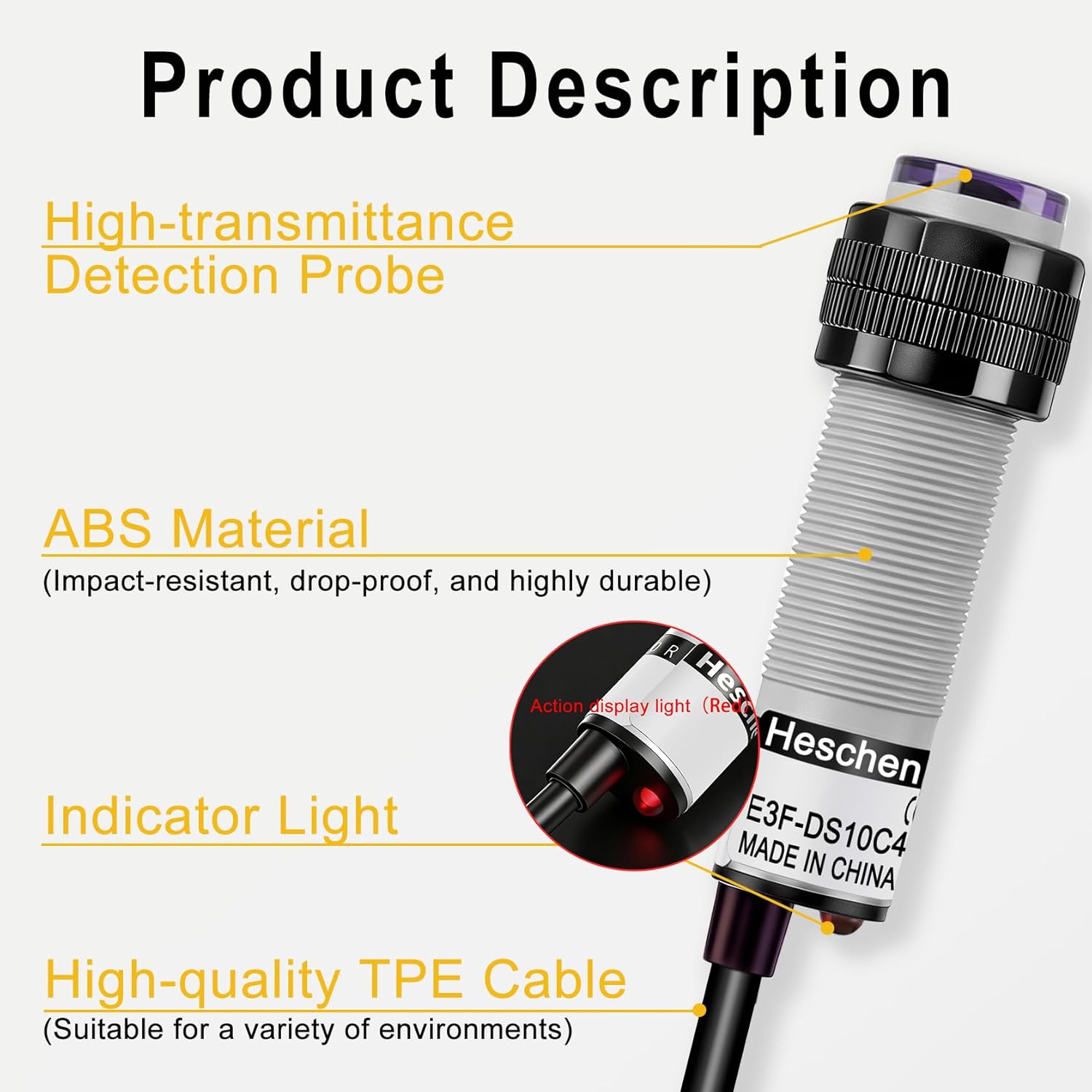 Heschen M18 Photoelectric Sensor Diffuse Reflection Sensor Switch E3F-DS10C4 NPN NO 200mA Sensing Distance 10cm 3 Wires