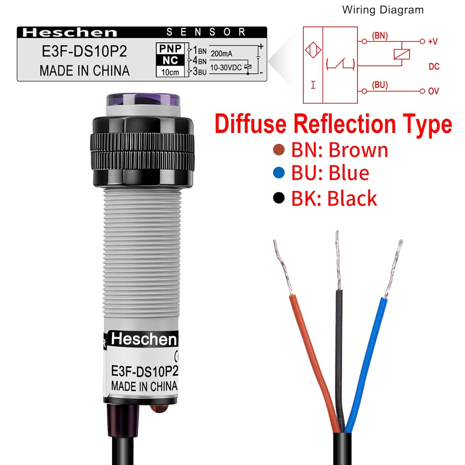 Heschen M18 Photoelectric Sensor Diffuse Reflection Sensor Switch E3F-DS10P2 PNP NC DC10-30V 200mA Sensing Distance 10cm 3 Wires
