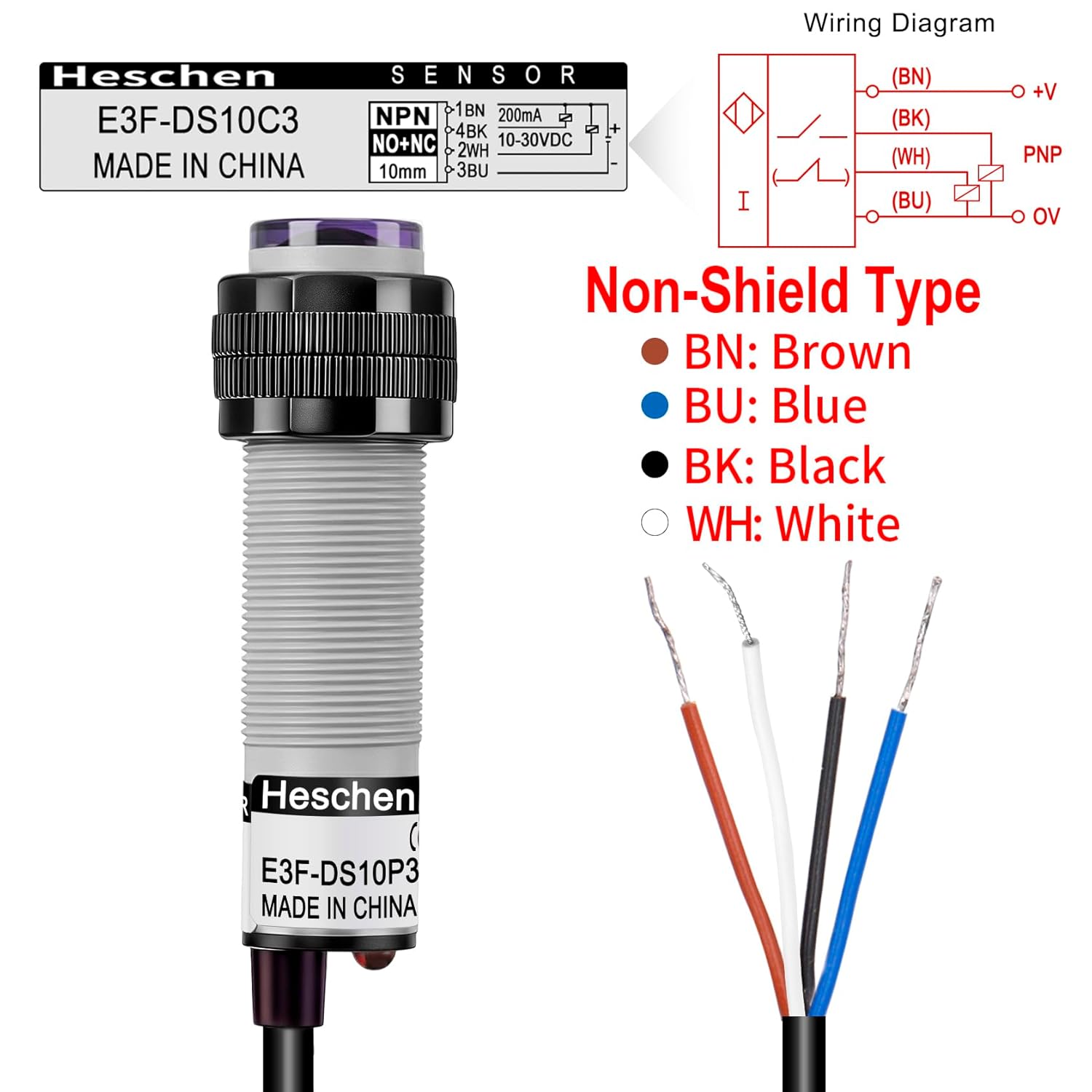 Heschen M18 Photoelectric Sensor Diffuse Reflection Sensor Switch E3F-DS10C3 NPN NO+NC 200mA Sensing Distance 10cm 4 Wires