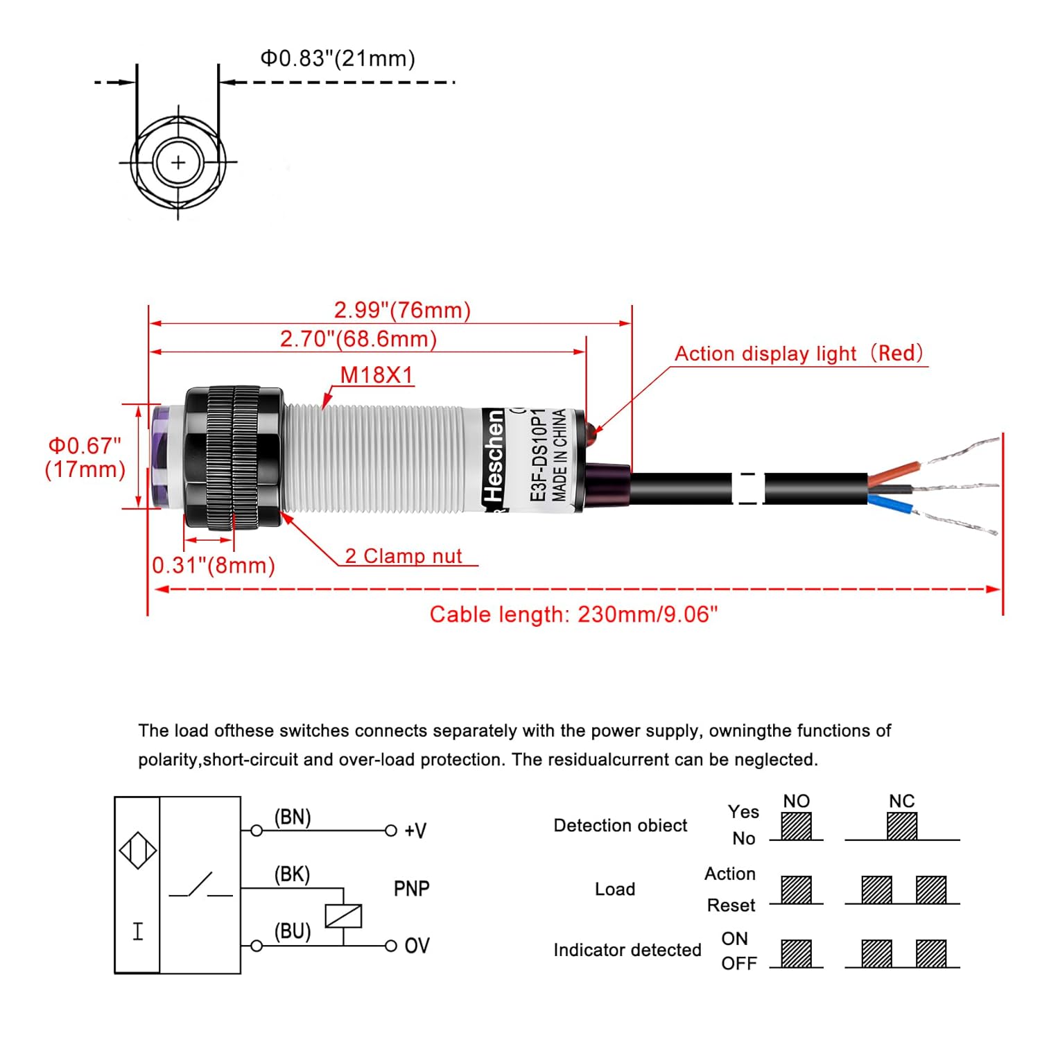 Heschen M18 Photoelectric Sensor Diffuse Reflection Sensor Switch E3F-DS10P1 PNP NO DC10-30V 200mA Sensing Distance 10cm 3 Wires