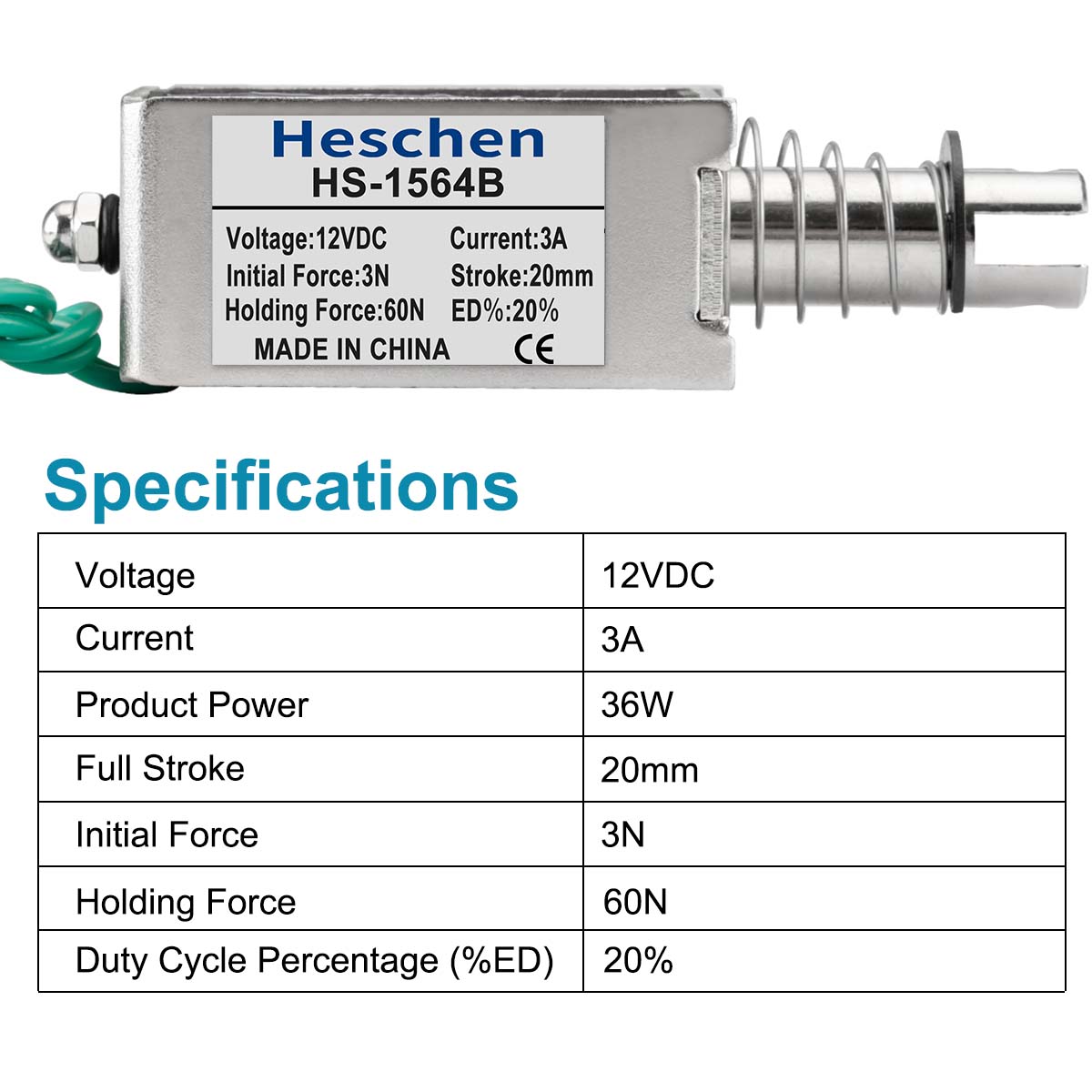 Heschen Solenoid Electromagnet HS-1564B 20mm Stroke 60N Push Pull Type Open Frame Linear Movement