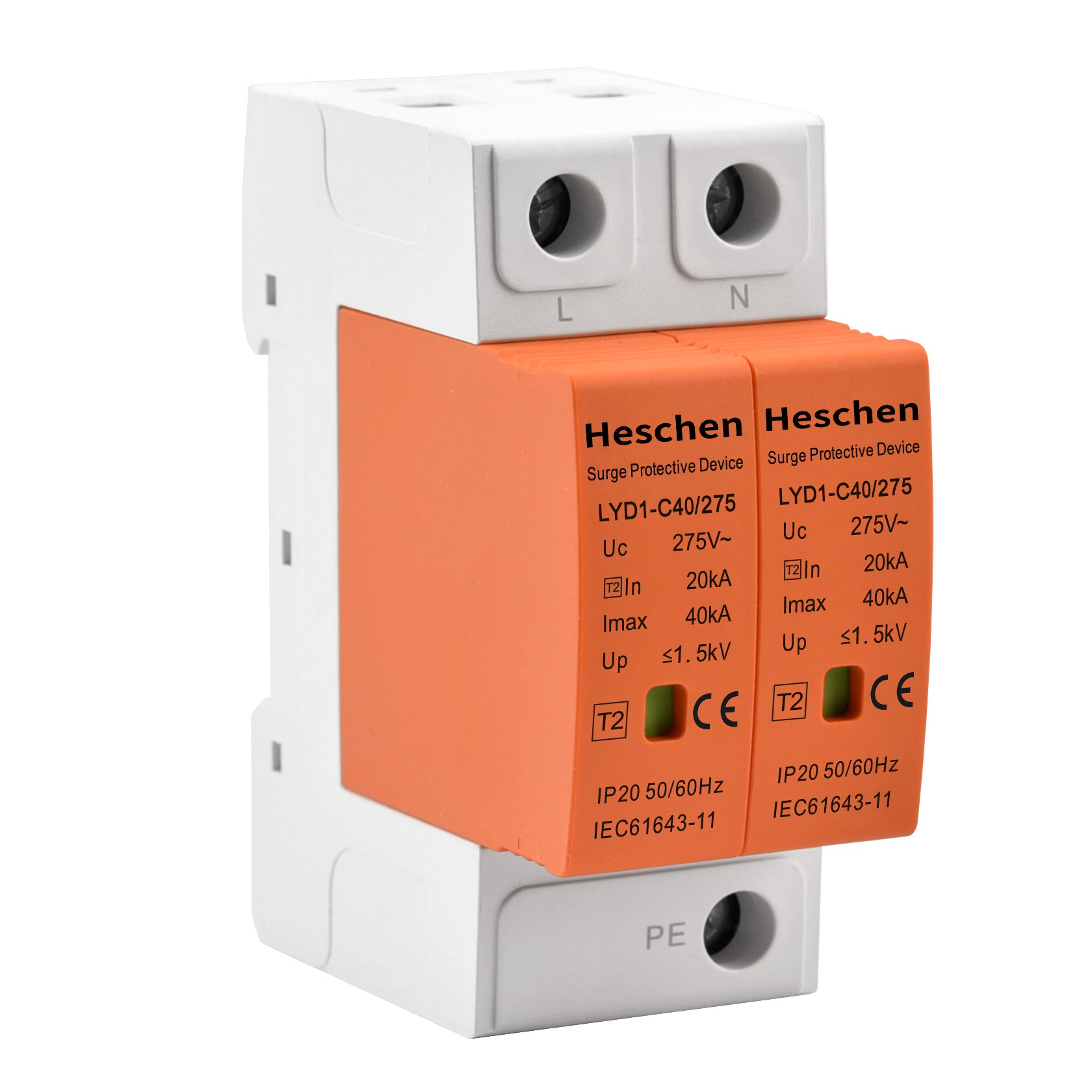 Heschen Surge Protective Device, LYD1-C40/275, 2P 275V 20KA, Fire-Proof, Low-Voltage Arrester, 35mm DIN Rail Mounting