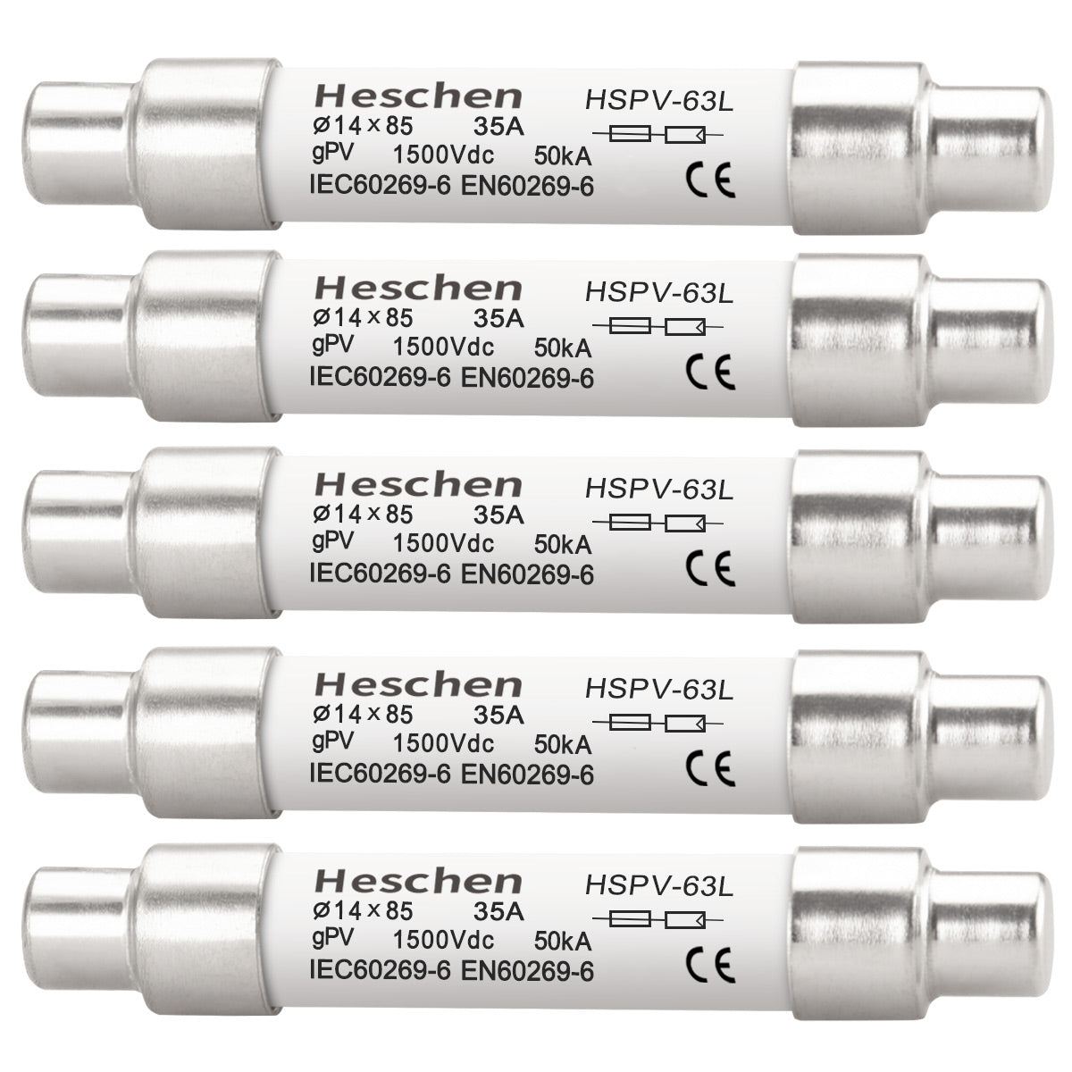 Heschen Solar DC1500V PV Fuse, Photovoltaic Fuses, gPV Type Fuse Link, HSPV-63L, 14 * 85mm, 1500VDC, I1 50kA, for Solar PV System Protection, 5PCS