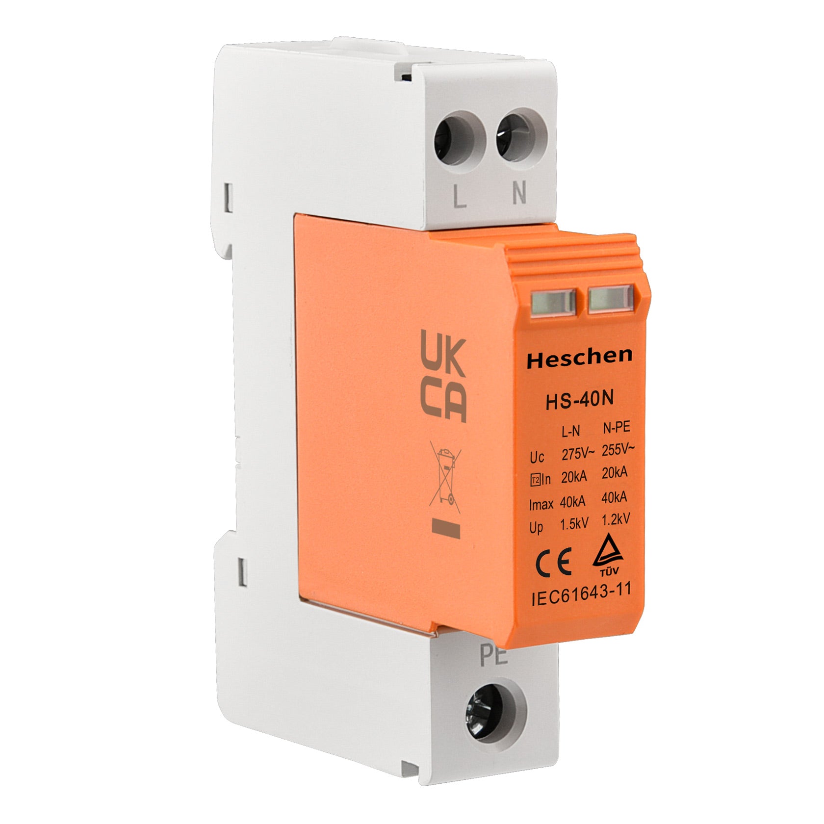 Heschen Surge Protective Device SPD, HS-40N, 275VAC 20KA, 1+NPE, Fire-Proof, Low-Voltage Arrester, 35mm DIN Rail Mounting