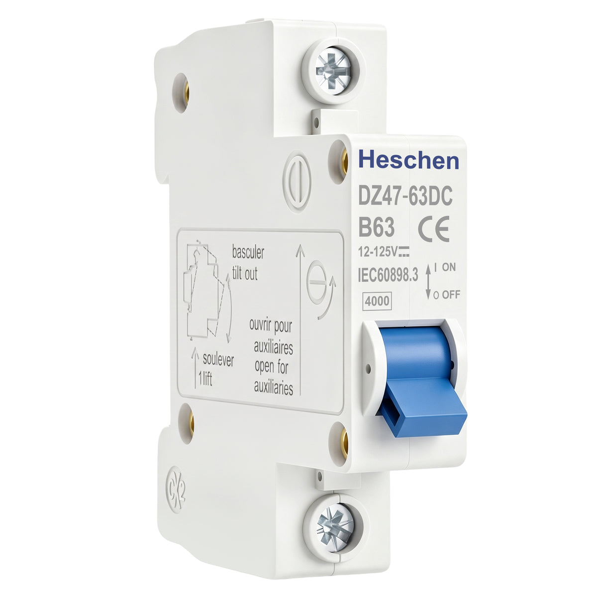 Heschen DC Miniature Circuit Breaker,1P, DZ47-63DC,  DC 12-125V 63A, Electric Vehicle Circuit Breaker, 35mm DIN Rail Mounting