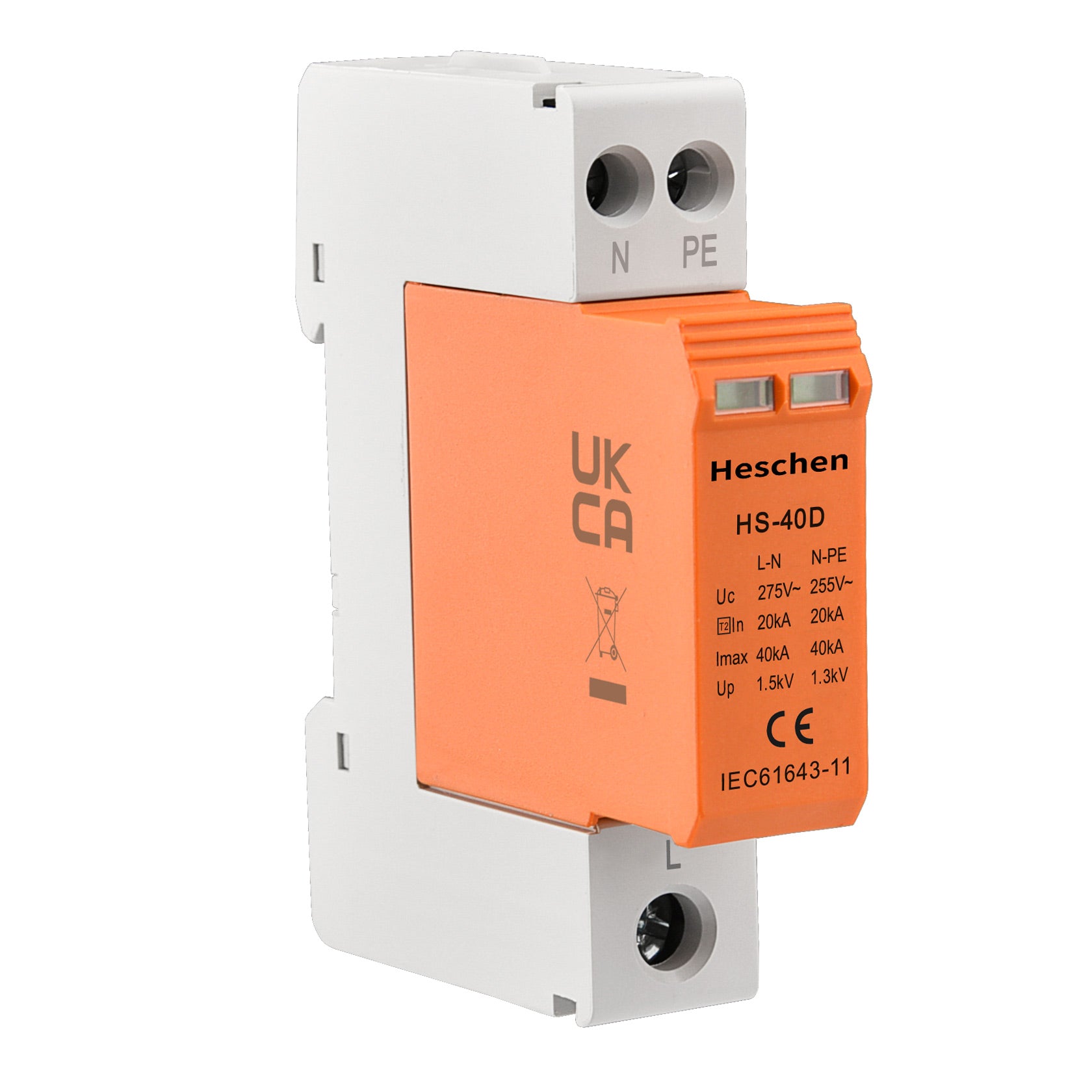 Heschen Surge Protective Device SPD, HS-40D, 275VAC 20KA, 1+NPE, L-Line Down, Fire-Proof, Low-Voltage Arrester, 35mm DIN Rail Mounting