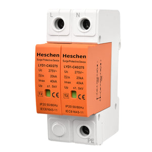 Heschen Surge Protective Device, LYD1-C40/275, 2P 275V 20KA, Fire-Proof, Low-Voltage Arrester, 35mm DIN Rail Mounting