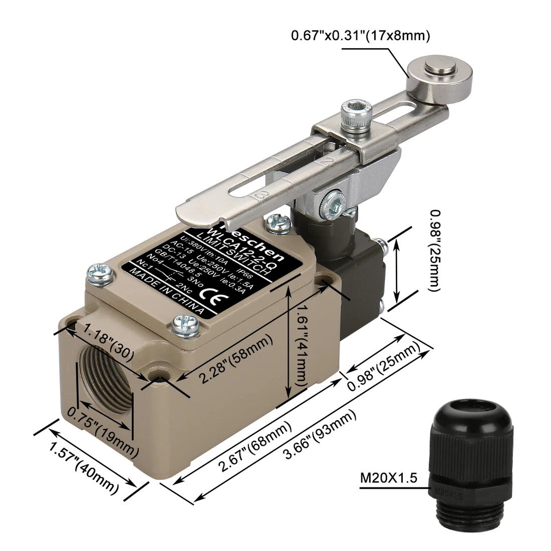 Heschen Adjustable Rotary Roller Lever Limit Switch WLCA12-2-Q (TZ-5108) Momentary 380V 10A