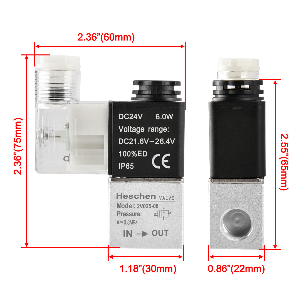 Heschen Electrical Pneumatic Solenoid Valve 2V025-08 DC24V PT1/4 2/2 Way Normally Closed CE IP65