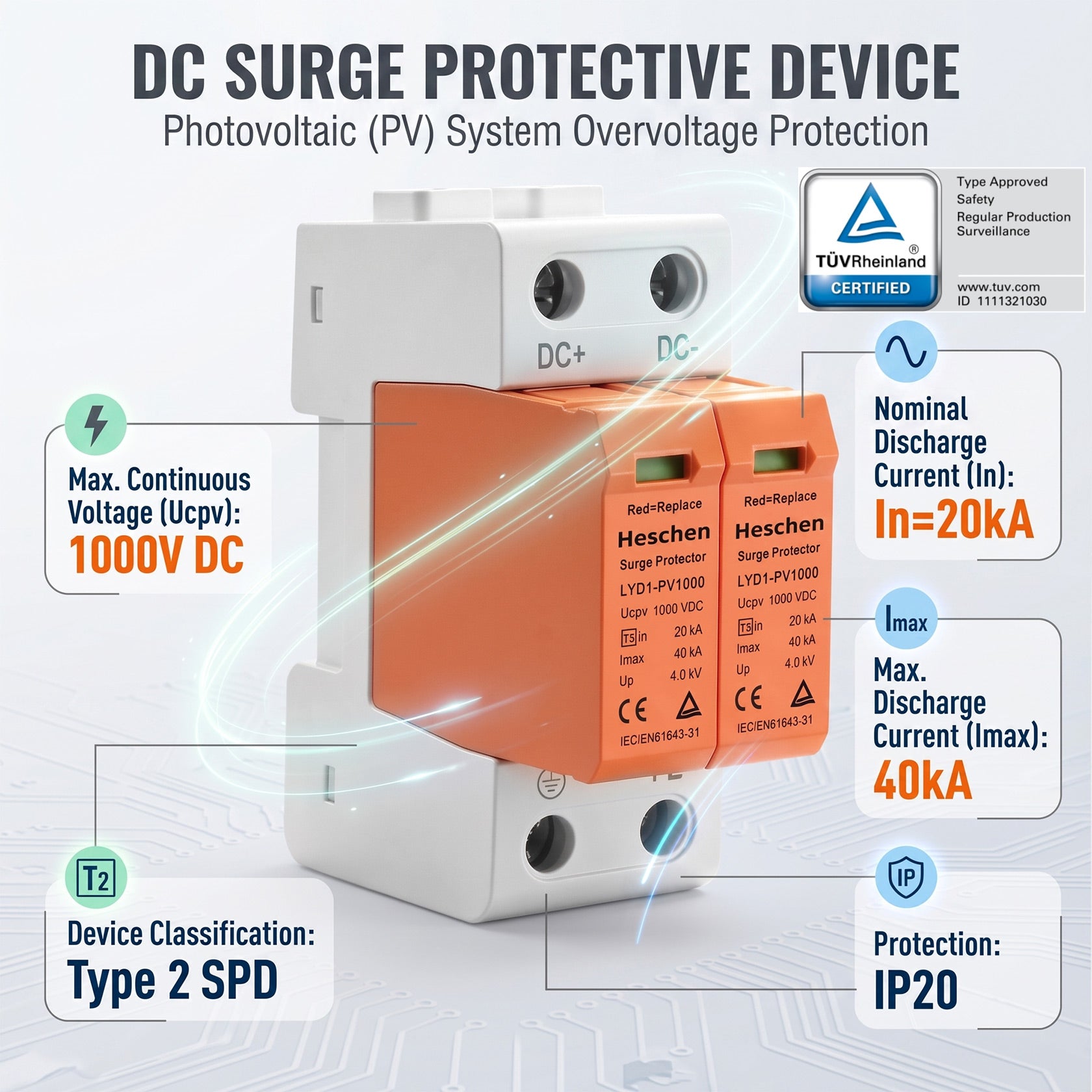 Heschen Surge Protective Device for PV, LYD1-PV1000, 2P 1000VDC 20KA, 35mm DIN Rail Mounting