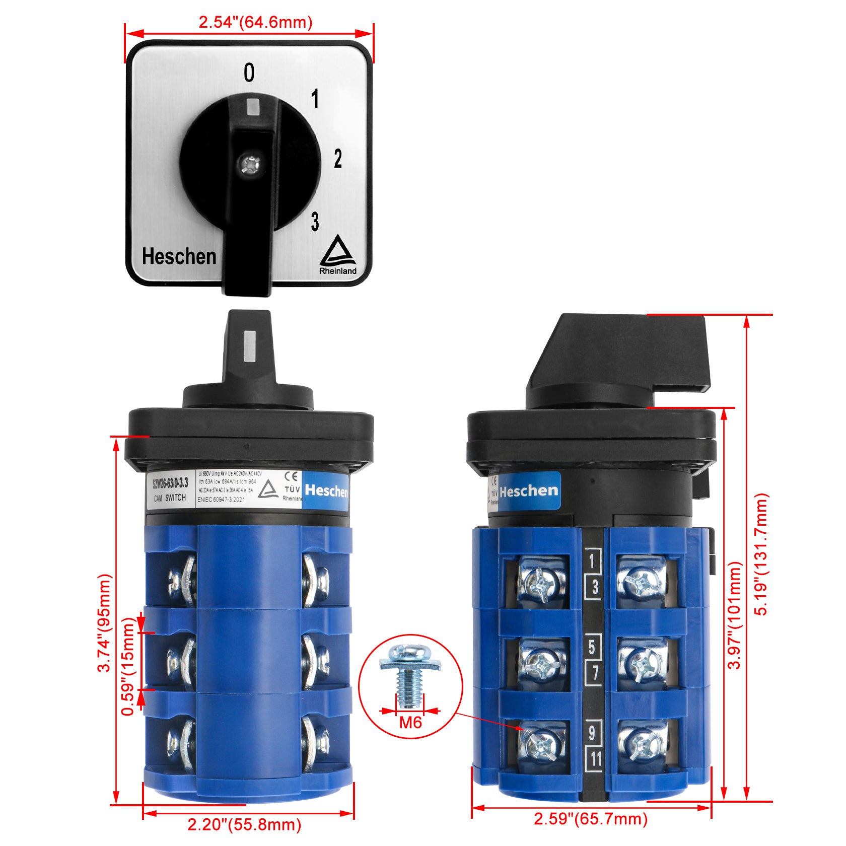 Heschen Universal Rotary Cam Selector Changeover Switch, SZW26-63/0-3.3, 660V 63A, 4 Position, 3 Phase, 12 Terminals, CE