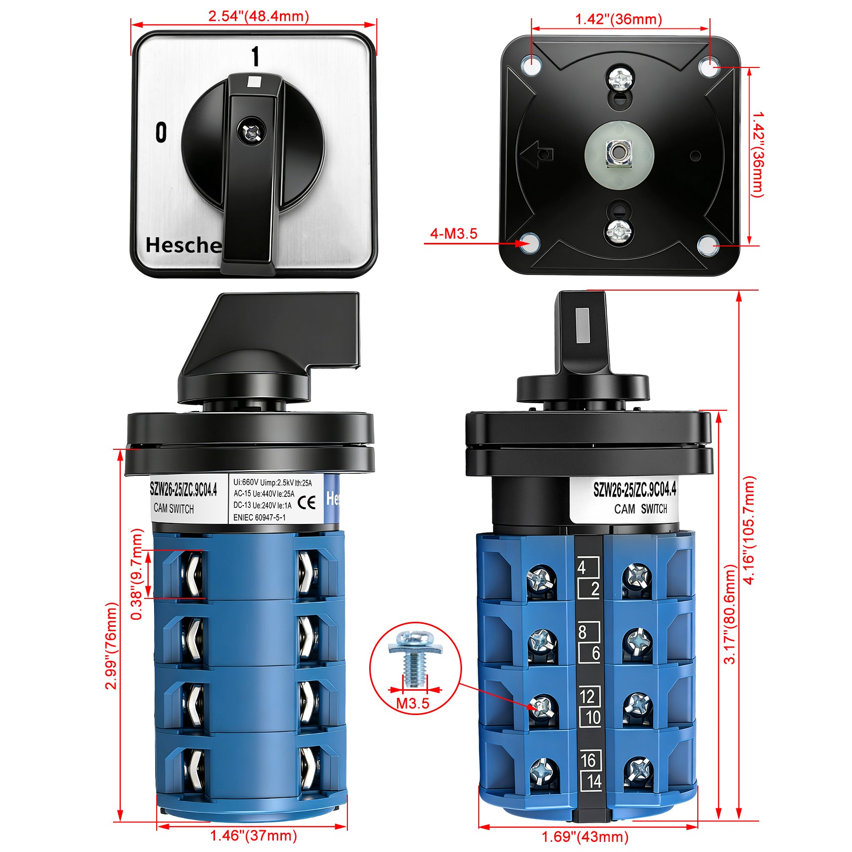 Heschen Universal Rotary Cam Selector Changeover Switch , SZW26-25/ZC.9C04.4, 690V 25A, 2 Position, 4 Phase, 16 Terminals, CE