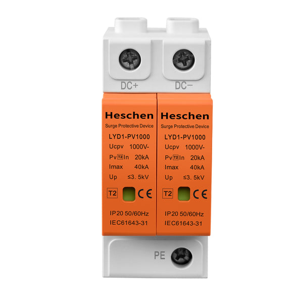 Heschen Surge Protective Device for PV, LYD1-PV1000, 2P 1000VDC 20KA, 35mm DIN Rail Mounting