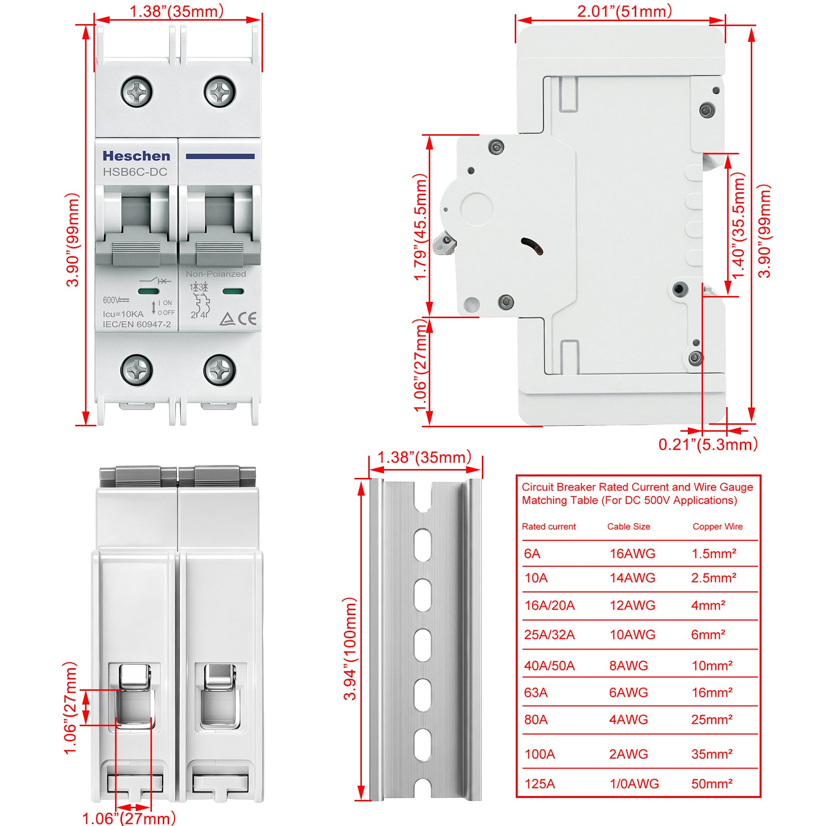 Heschen DC Miniature Circuit Breaker, HSB6C-DC, 2 Poles, DC500V C6A/10A/16A/20A/25A/32A/40A/50A/63A, Photovoltaic Circuit Breaker, for Solar PV System Solar Panels Grid System, 35mm DIN Rail Mounting