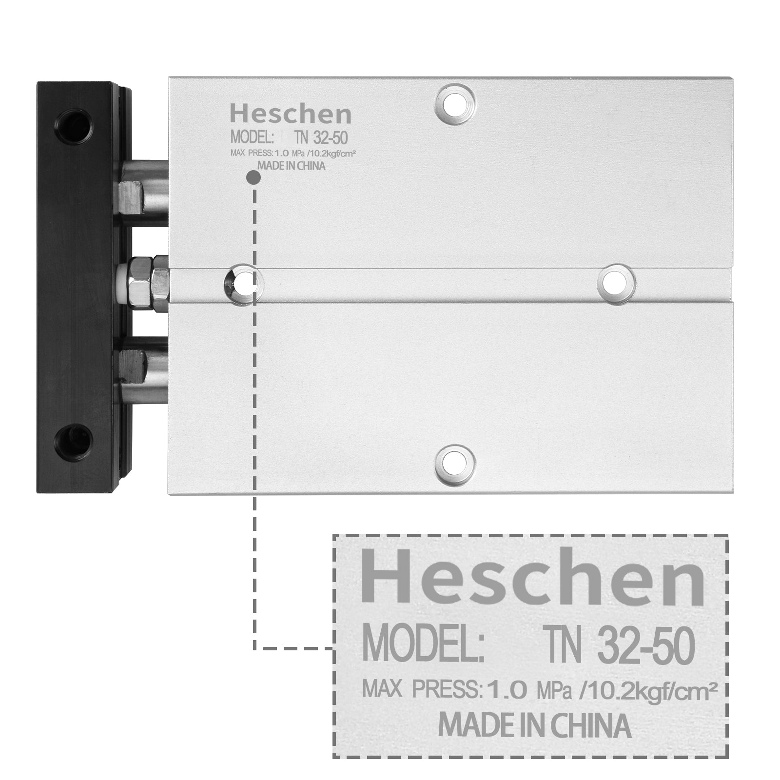 Heschen Pneumatic Air Cylinder TN32-50 32mm Bore 50mm Stroke Double-Rod Double-Acting Aluminum