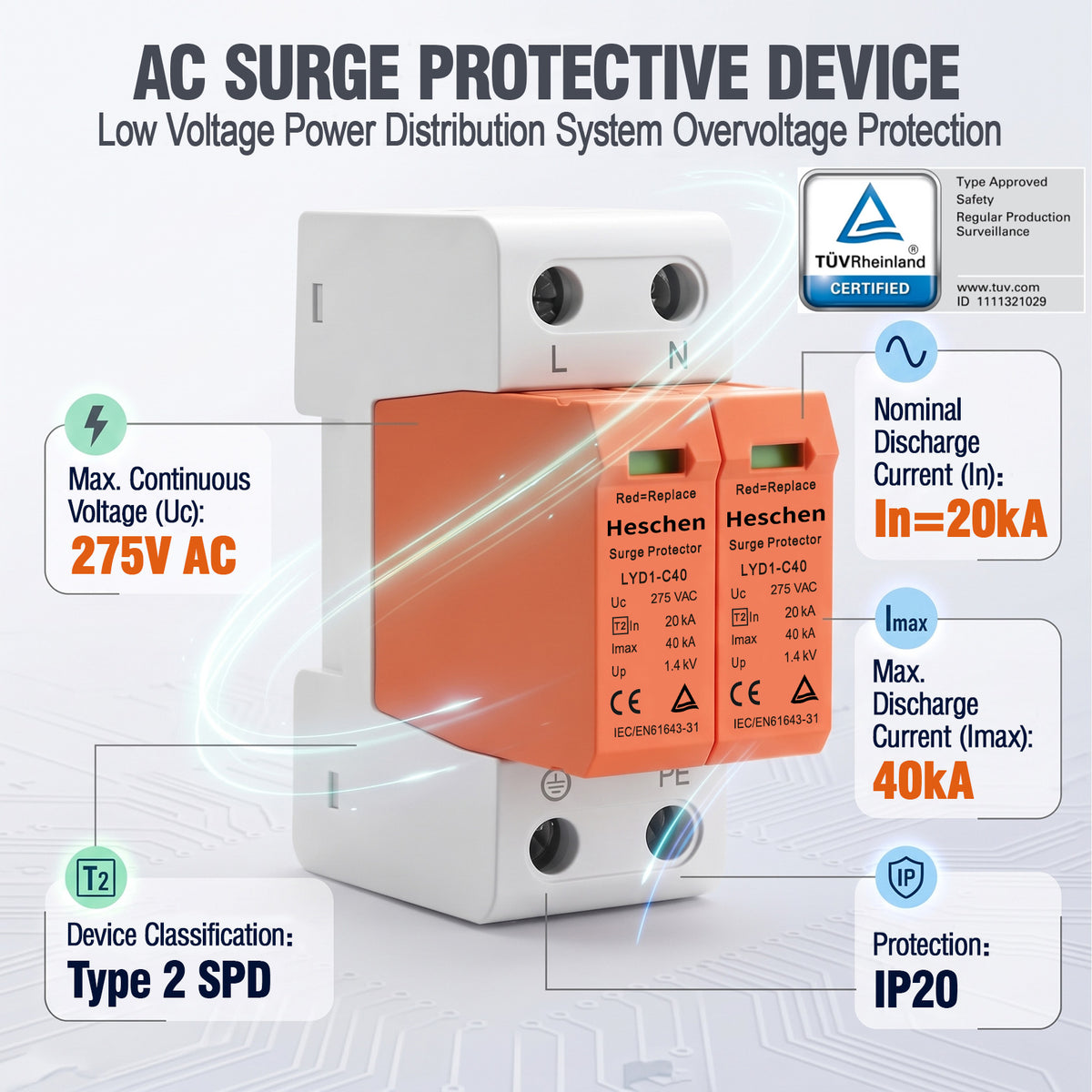 Heschen Surge Protective Device, LYD1-C40/275, 2P 275V 20KA, Fire-Proof, Low-Voltage Arrester, 35mm DIN Rail Mounting