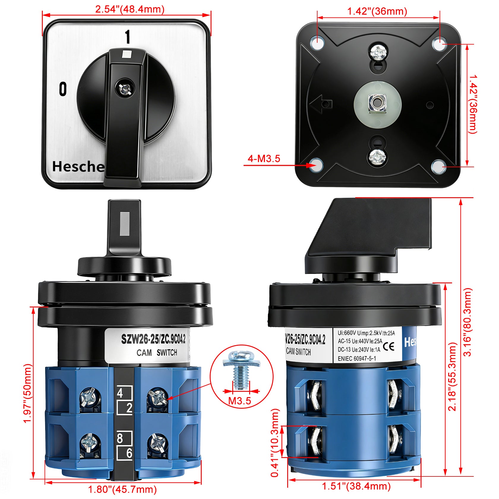 Heschen Universal Rotary Cam Selector Changeover Switch , SZW26-25/ZC.9C04.2, 690V 25A, 2 Position, 2 Phase, 8 Terminals, CE