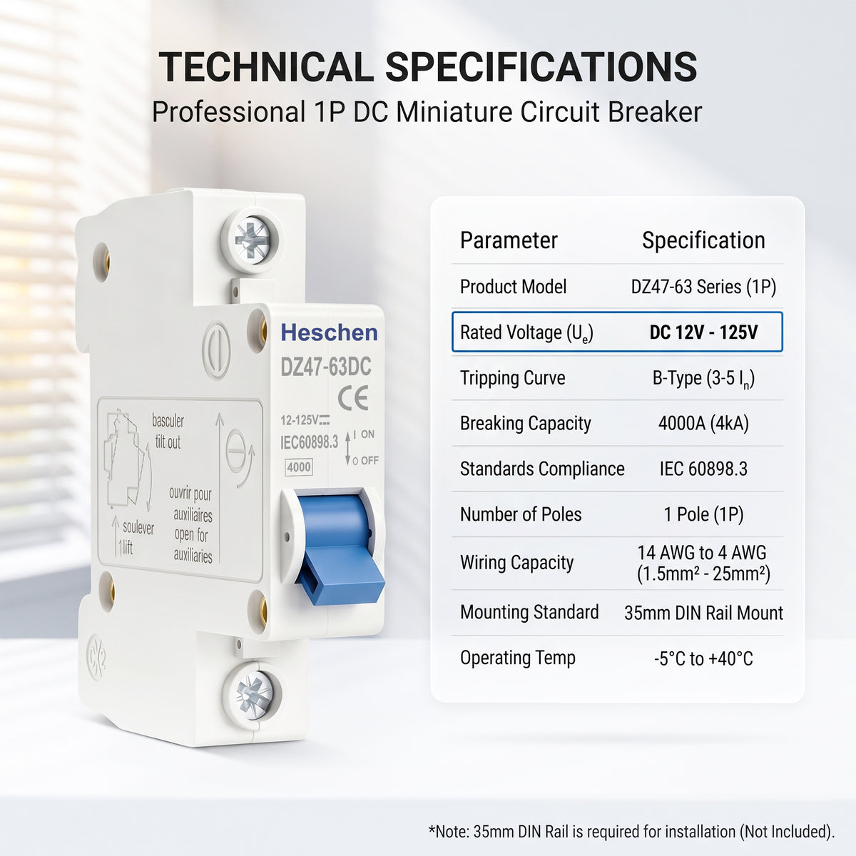 Heschen DC Miniature Circuit Breaker,1P, DZ47-63DC,  DC 12-125V 63A, Electric Vehicle Circuit Breaker, 35mm DIN Rail Mounting
