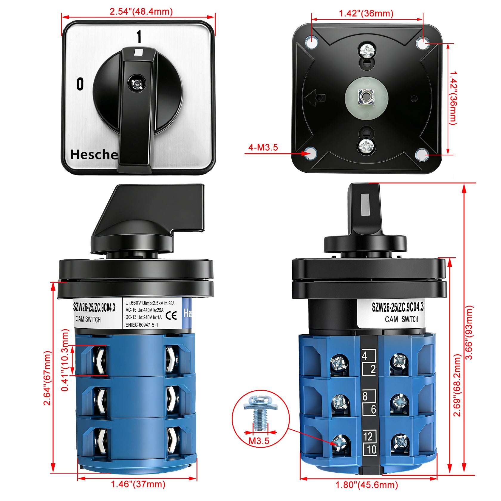 Heschen Universal Rotary Cam Selector Changeover Switch , SZW26-25/ZC.9C04.3, 690V 25A, 2 Position, 3 Phase, 12 Terminals