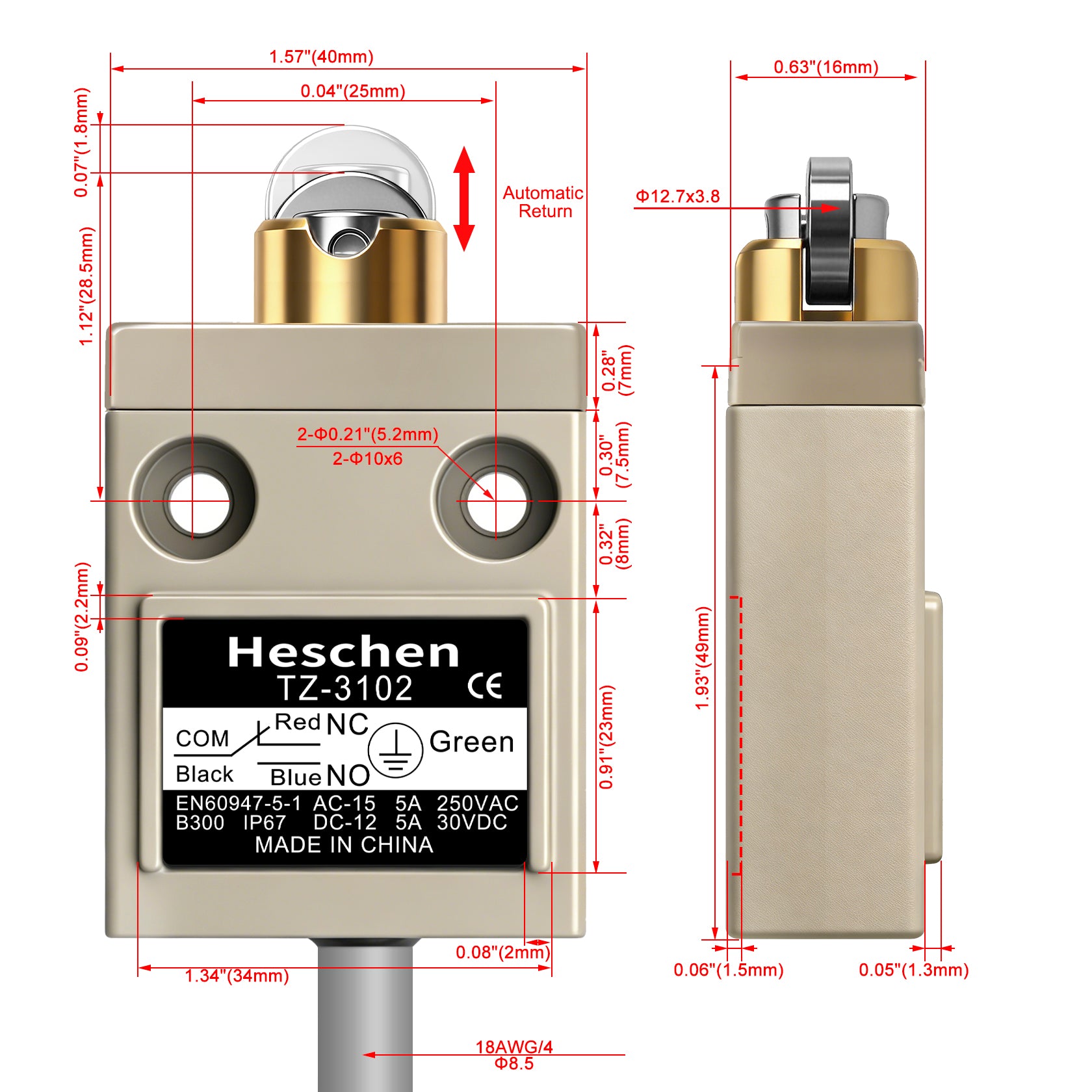 Heschen Limit Switch TZ-3102 1NO+1NC SPDT IP67 Stainless Steel Roller