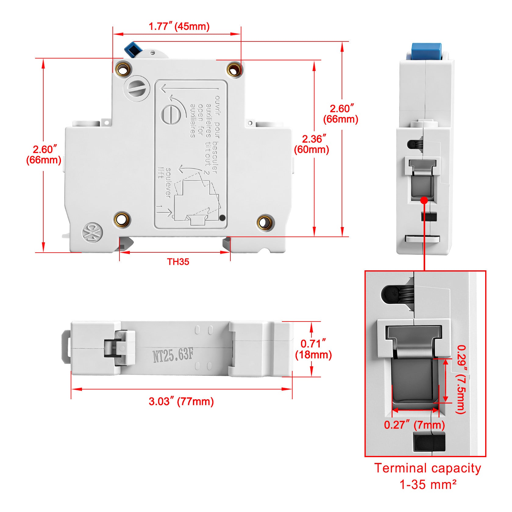 Heschen DC Miniature Circuit Breaker, DZ47-63DC, 1P DC 12-125V 63A, Electric Vehicle Circuit Breaker, 35mm DIN Rail Mounting