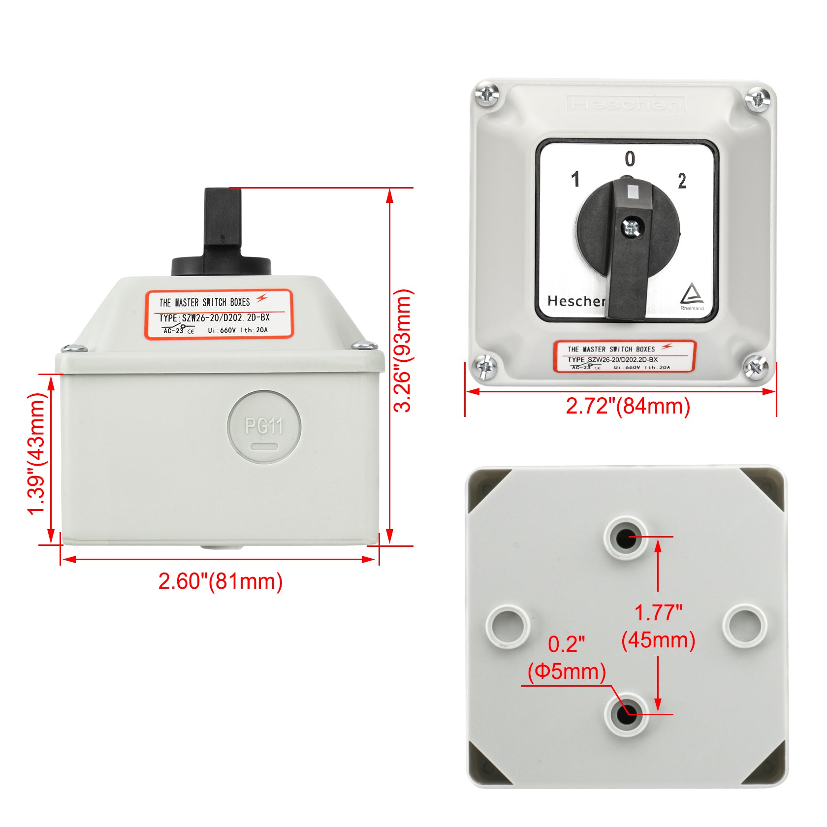 Heschen Universal Rotary Cam Selector Changeover Switch, SZW26-20/D202.2D-BX, 660V 20A, ON-Off-ON, 3 Position 2 Phase 8 Terminals, with Master Switch Exterior Box,TUV