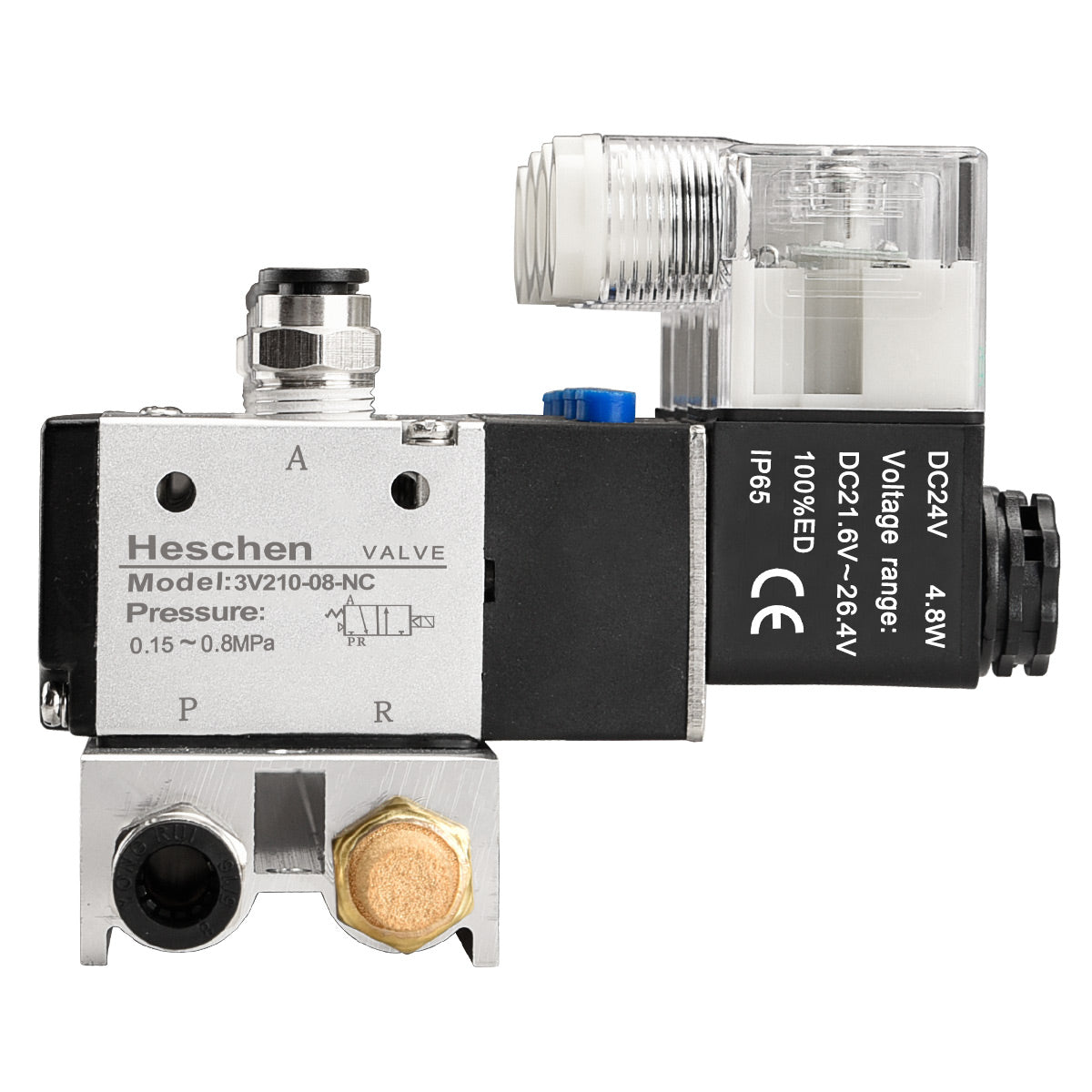 Heschen 4 Space Pneumatic Solenoid Valve 3V210-08  12 VDC/24 VDC/110 VAC/220 VAC PT1/4 2 Position 3 Way Manifold with Base Muffler Quick Fittings Set
