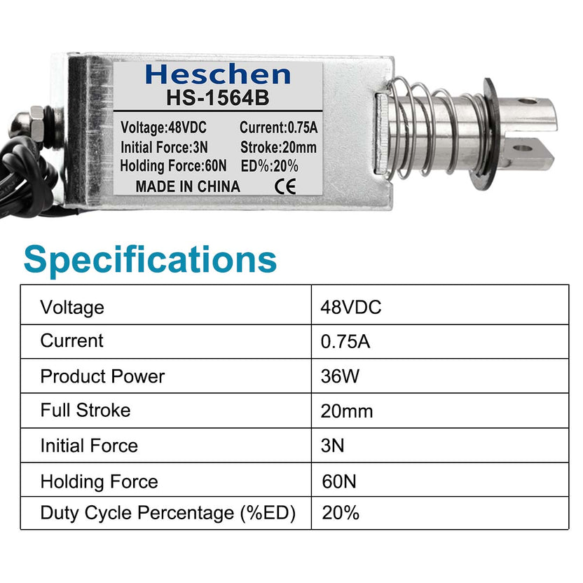 Heschen Solenoïde Elektromagneet, HS-1578B, DC12V 4.8A, 25 mm slag, kracht 50N, push pull type, open frame, lineaire beweging
