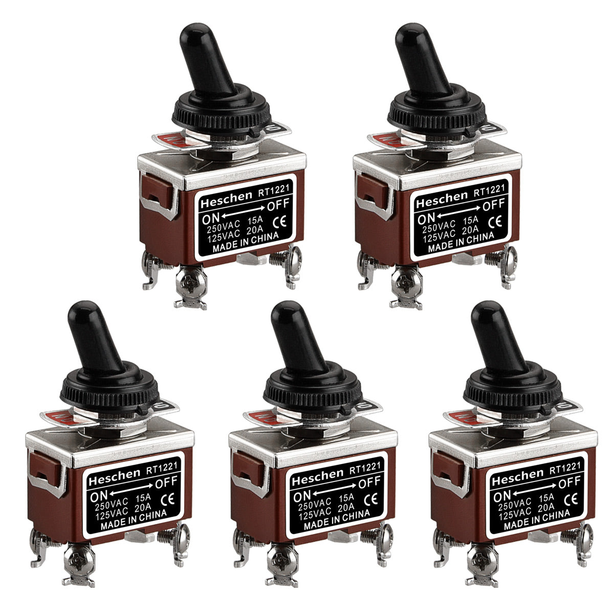 Heschen Metal Toggle Switch, RT1221, DPST, Maintained Type, ON/OFF, 2 Position, 15A 250VAC, with Waterproof Cap 5pcs