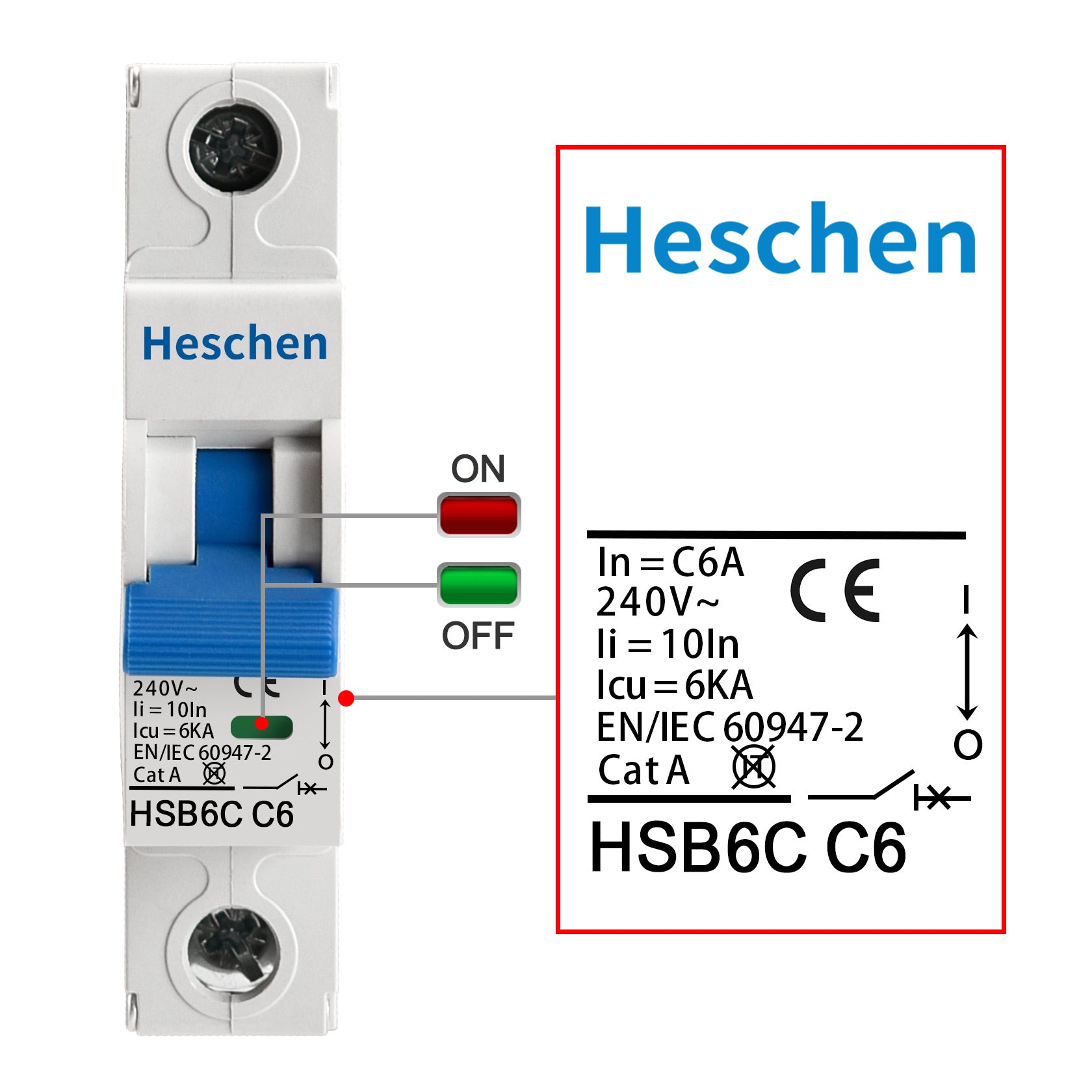 Heschen Miniature Circuit Breaker HSB6C, 6Amp Current, 1 Pole, Type C, 6kA Breaking Capacity, DIN Rail Mounting