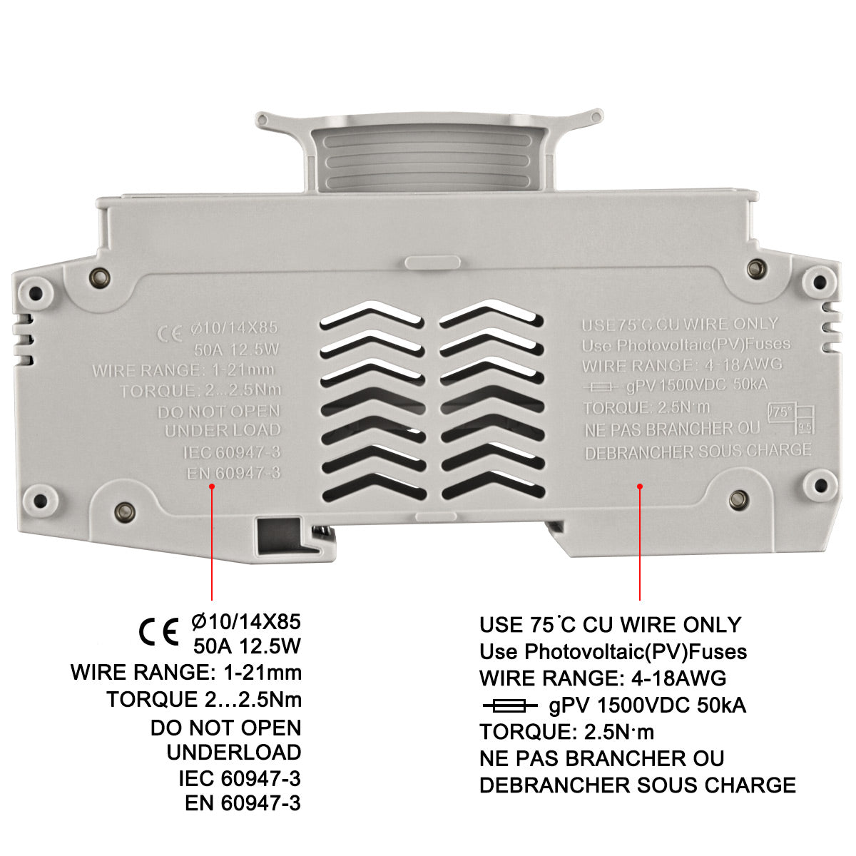 Heschen Solar/Photovoltaic Fuse Holder, PV Fuse Holder, HSPV-63LD, DC1500V 50A, 1 Pole, 35mm DIN Rail Mounting, for HSPV-32L HSPV-63L 10/14 * 85mm Fuse, CE Listed