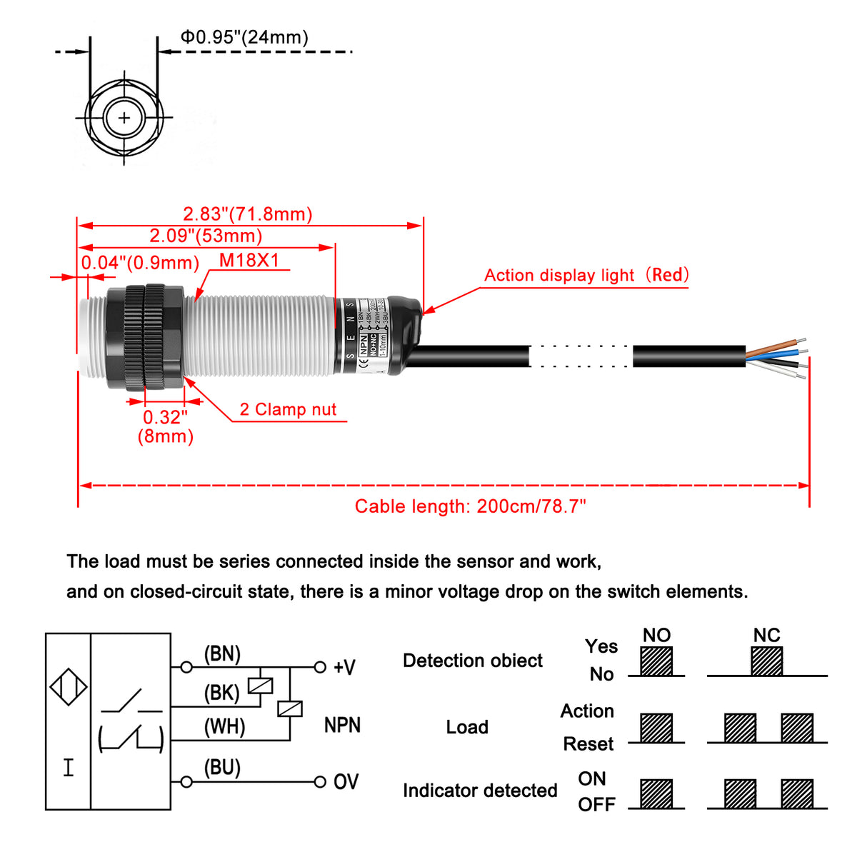 Heschen M18 Capacitive Proximity Sensor Switch  CR18-8DN3 Detector 8mm 10-30VDC 200mA NPN Normally Open(NO)+Normally Closed(NC) 4 Wire