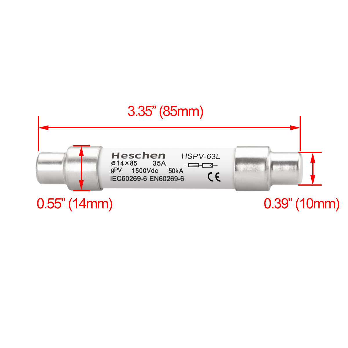 Heschen Solar DC1500V PV Fuse, Photovoltaic Fuses, gPV Type Fuse Link, HSPV-63L, 14 * 85mm, 1500VDC, I1 50kA, for Solar PV System Protection, 5PCS