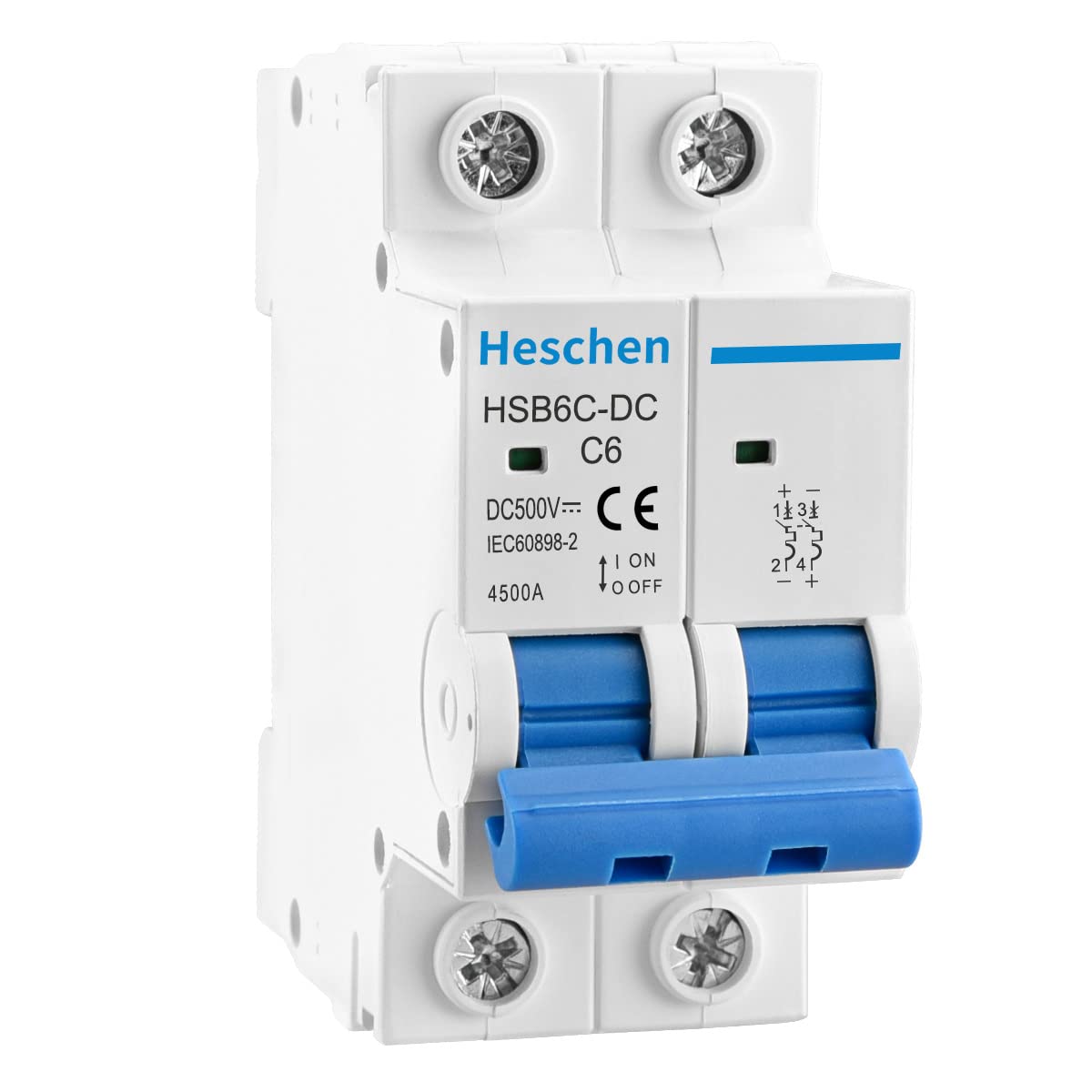 Heschen DC Miniature Circuit Breaker, HSB6C-DC, 2 Poles, DC500V C6A/10A/16A/20A/25A/32A/40A/50A/63A, Photovoltaic Circuit Breaker, for Solar PV System Solar Panels Grid System, 35mm DIN Rail Mounting