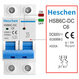 Heschen DC Miniature Circuit Breaker, HSB6C-DC, 2 Poles, DC500V C6A/10A/16A/20A/25A/32A/40A/50A/63A, Photovoltaic Circuit Breaker, for Solar PV System Solar Panels Grid System, 35mm DIN Rail Mounting