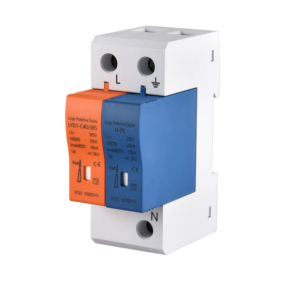 Heschen Surge Protective Device, N-PE, LYD1-C40/385, 2P 20KA, Fire-Proof, Low-Voltage Arrester, 35mm DIN Rail Mounting