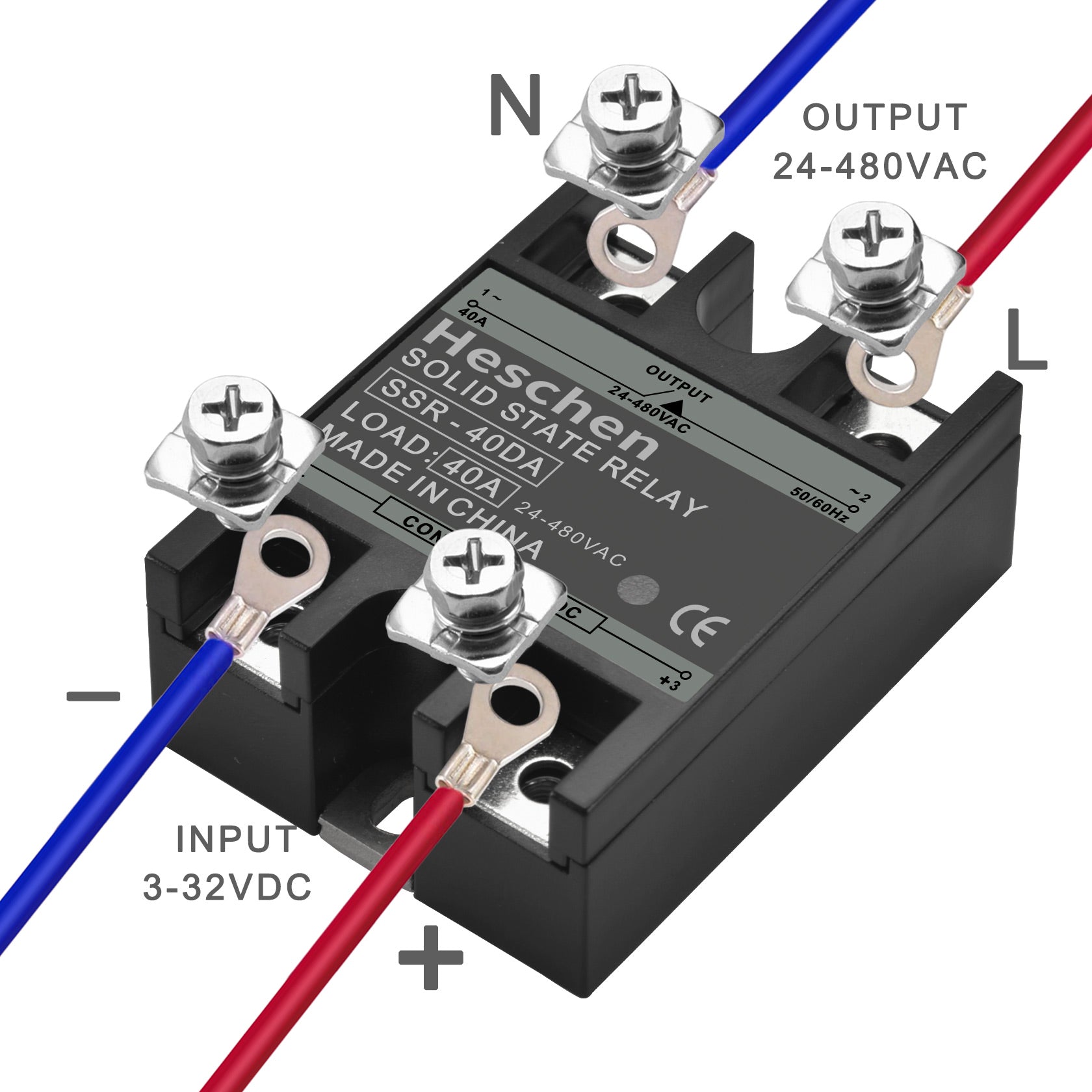 Heschen Single Phase AC/DC Solid State Relay SSR-40DA 3-32 VDC/24-480VAC 40A 50-60Hz