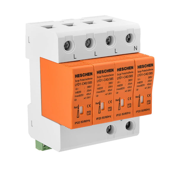 Heschen Surge Protective Device, LYD1-C40/385, 4P 385V 20KA, Fire-Proof, Low-Voltage Arrester, 35mm DIN Rail Mounting