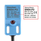 Heschen Square Inductive Proximity Sensor Switch, Non-Shield Type, SN04-P2, Detector Distance 5mm, 10-30VDC 200mA, PNP Normally Closed(NC), 3 Wire,Pack of 5