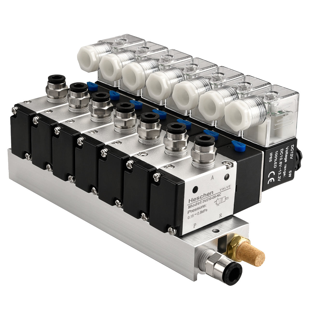 Heschen 7 Space Pneumatic Solenoid Valve 3V210-08 12 VDC/24 VDC/110 VAC/220 VAC PT1/4 2 Position 3 Way Manifold with Base Muffler Quick Fittings Set