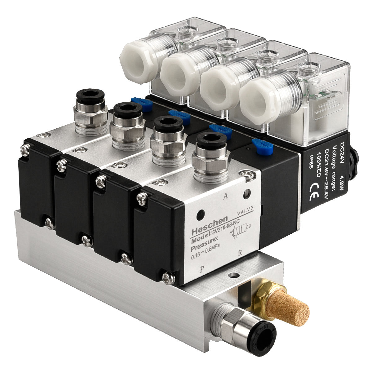 Heschen 4 Space Pneumatic Solenoid Valve 3V210-08  12 VDC/24 VDC/110 VAC/220 VAC PT1/4 2 Position 3 Way Manifold with Base Muffler Quick Fittings Set